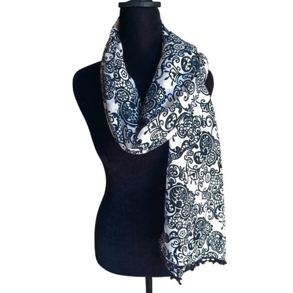 Disney Parks Mickey Mouse Black White Damask Cotton Ball Trim Scarf Sarong 70x30